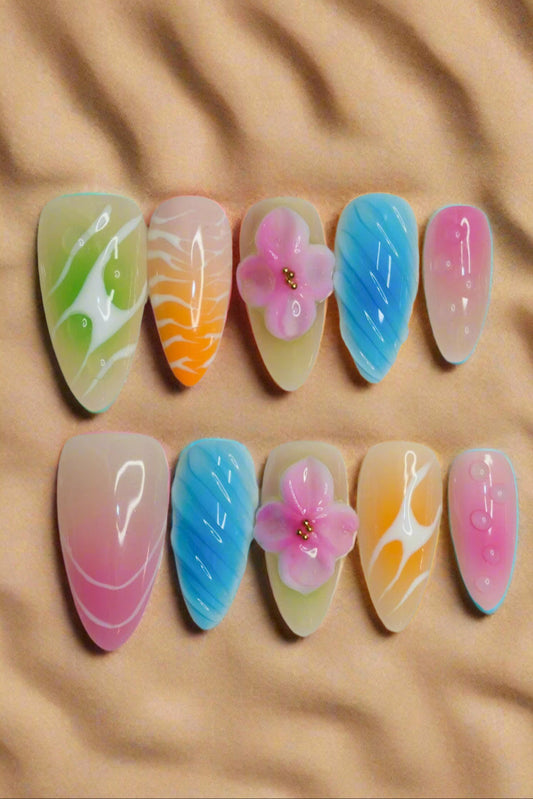 Set of colorful nail art designs on a beige background